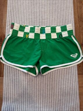 Roxy Green Shorts with White Trim and Checkered Waistband